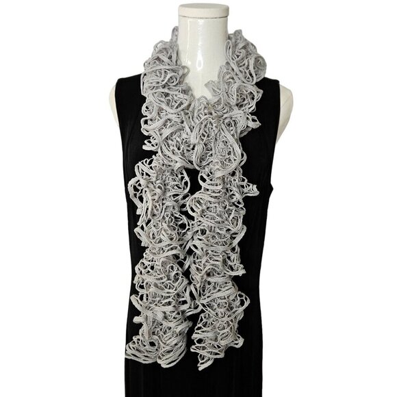 Handcrafted Gray Crochet Ruffle Boho Bohemian Whimsigoth Long Scarf - Picture 1 of 7